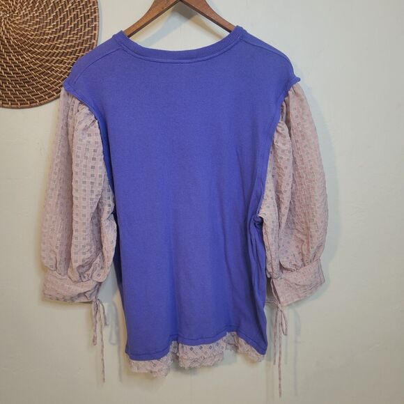 Free People Just Met‎ Tee in Sport Combo Purple Pink Ruffle Sleeves Small - Picture 4 of 14